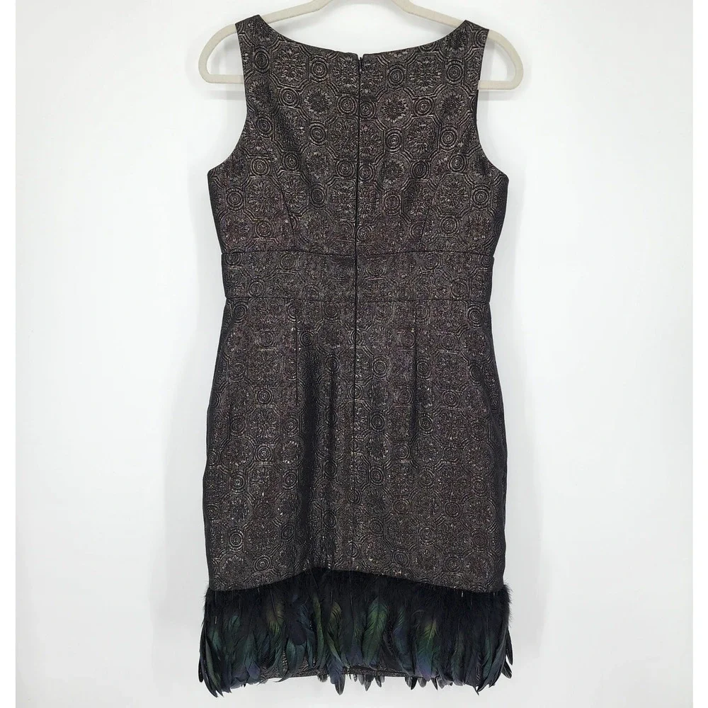 Badgley Mischka Feather Hem Cocktail Dress 10 Metallic Brocade Sleeveless Black - Picture 2 of 11